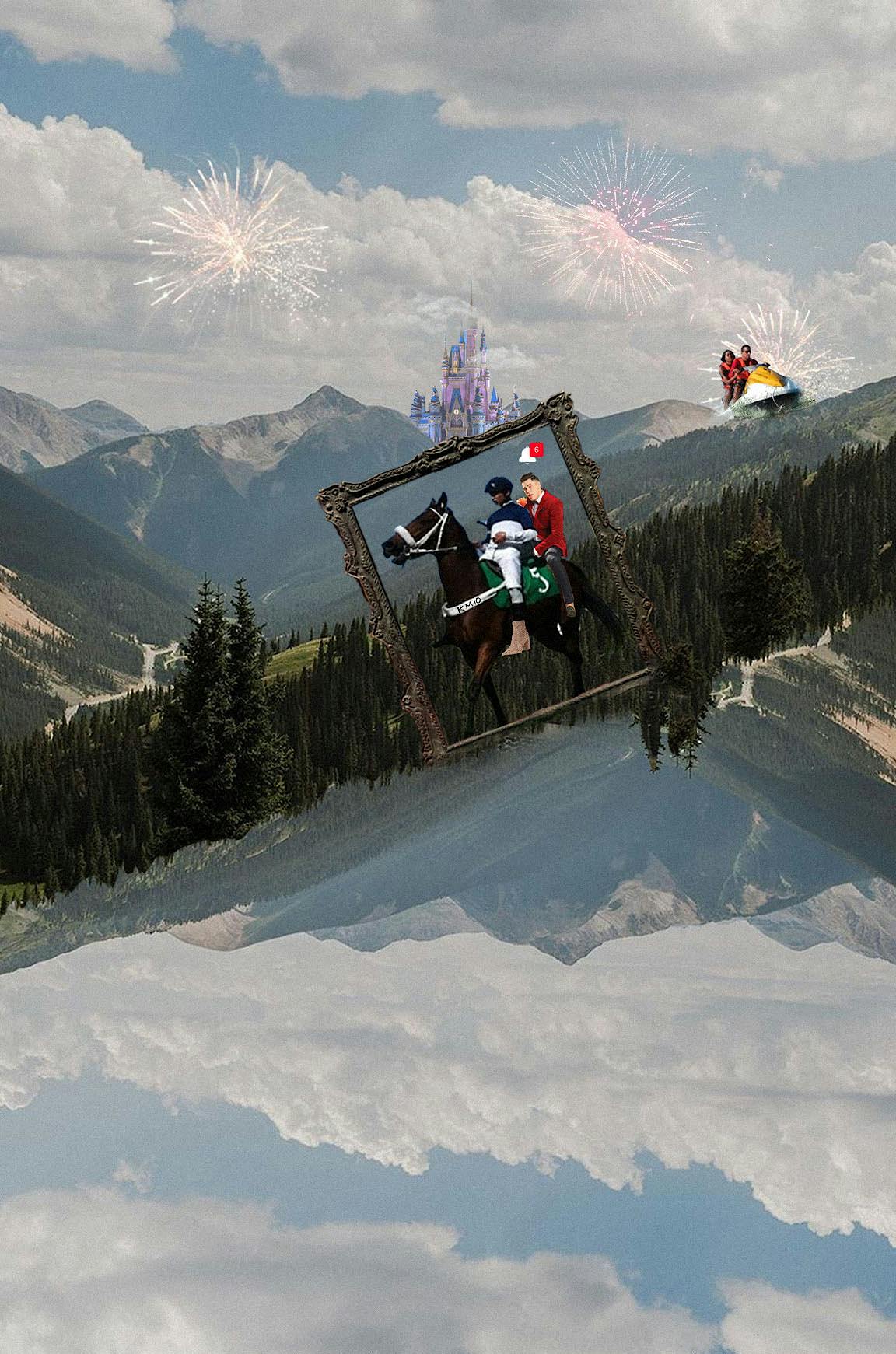 A collage of a horse among mountains.